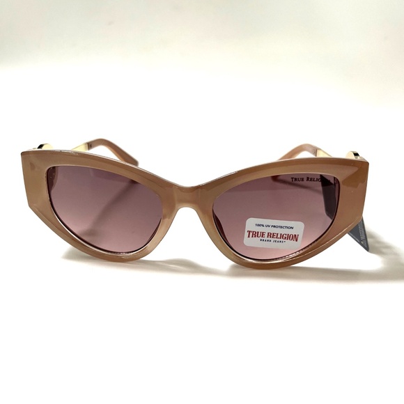 New Original TRUE RELIGION Cat Eye Sunglasses Beige Acetate Gold Logo Rhinestone main image 5